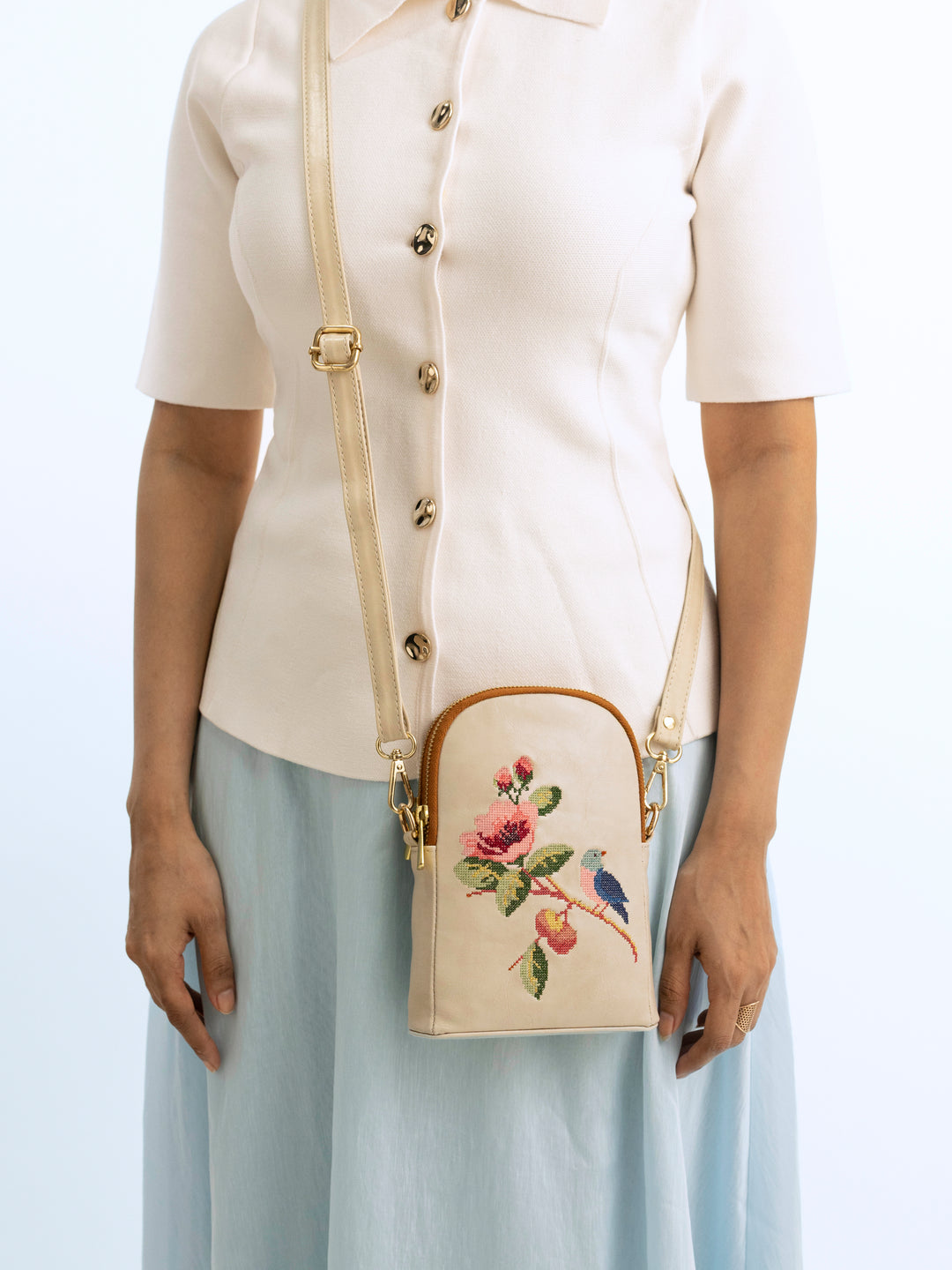 Morning Melody Cross Stitched Jodi Pouch Sling - Off White