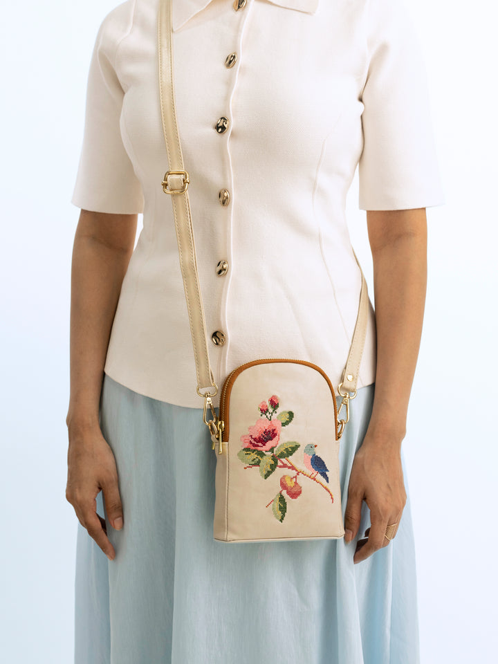 Morning Melody Cross Stitched Jodi Pouch Sling - Off White