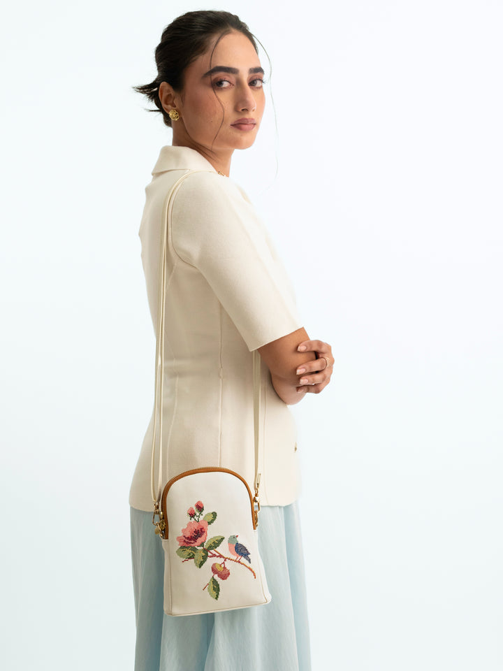 Morning Melody Cross Stitched Jodi Pouch Sling - White