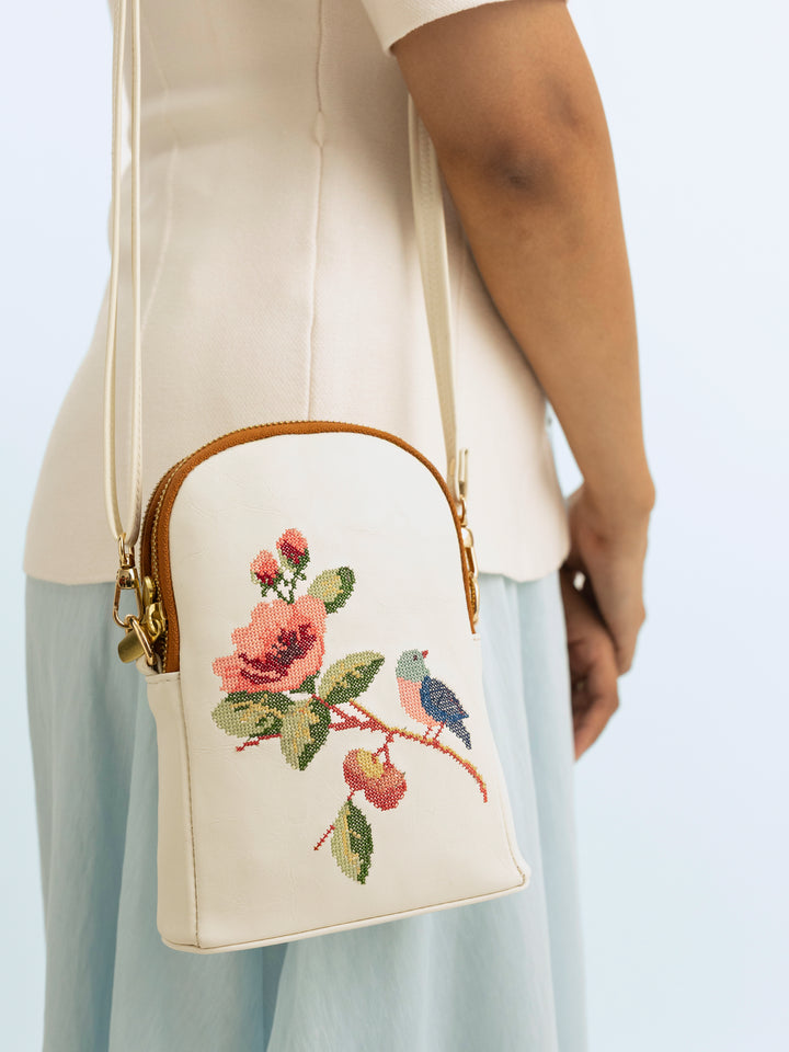 Morning Melody Cross Stitched Jodi Pouch Sling - White