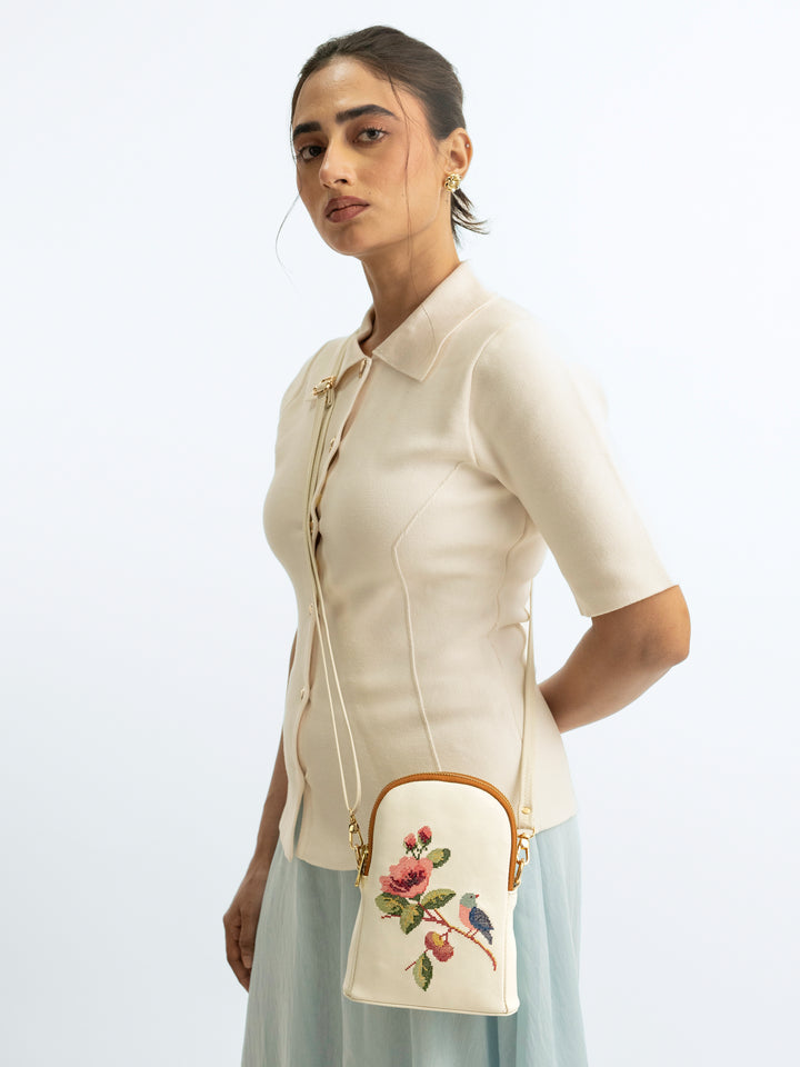Morning Melody Cross Stitched Jodi Pouch Sling - White