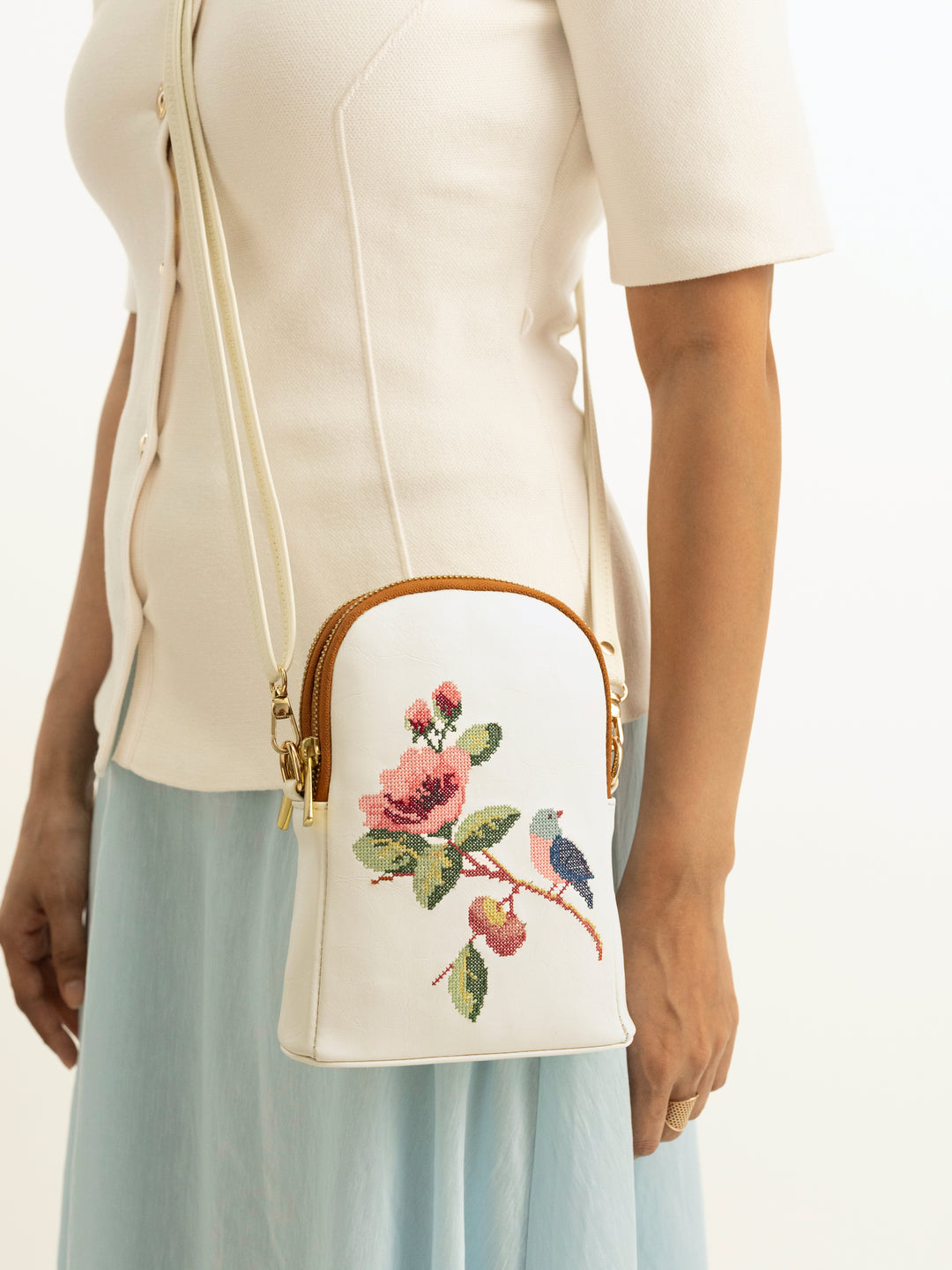 Morning Melody Cross Stitched Jodi Pouch Sling - White
