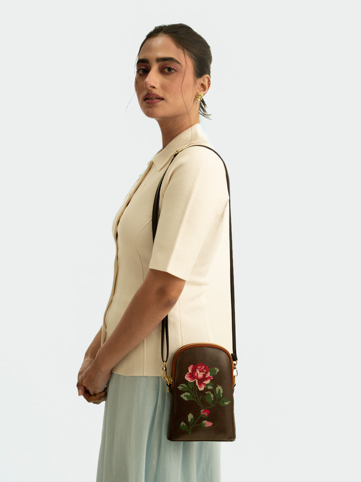 Udhagai Queen Cross Stitched Jodi Pouch Sling - Brown