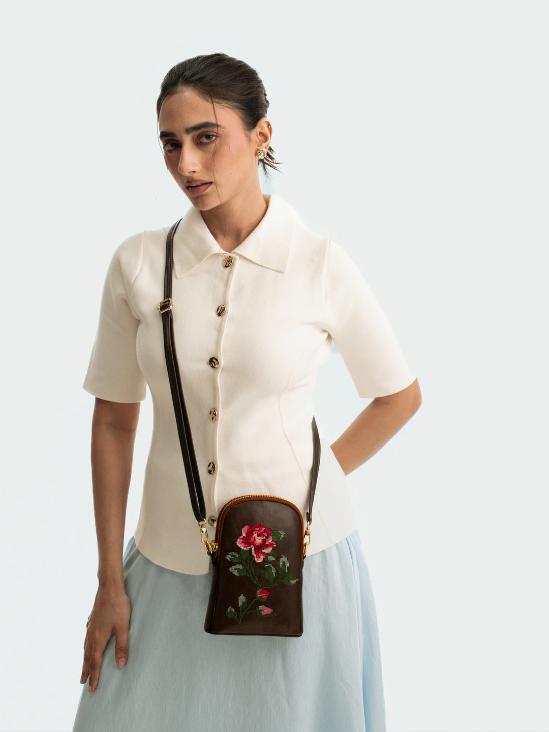 Udhagai Queen Cross Stitched Jodi Pouch Sling - Brown