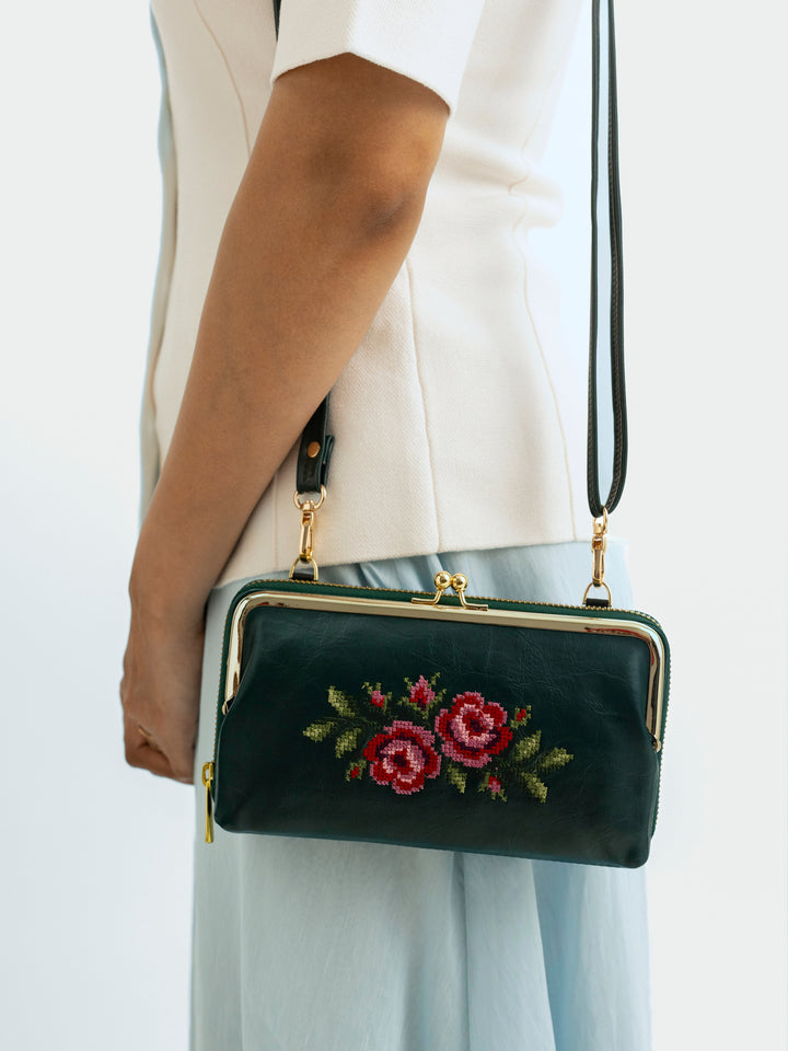 Coonoor Dream Cross Stitched Mobile Wallet Sling - Green