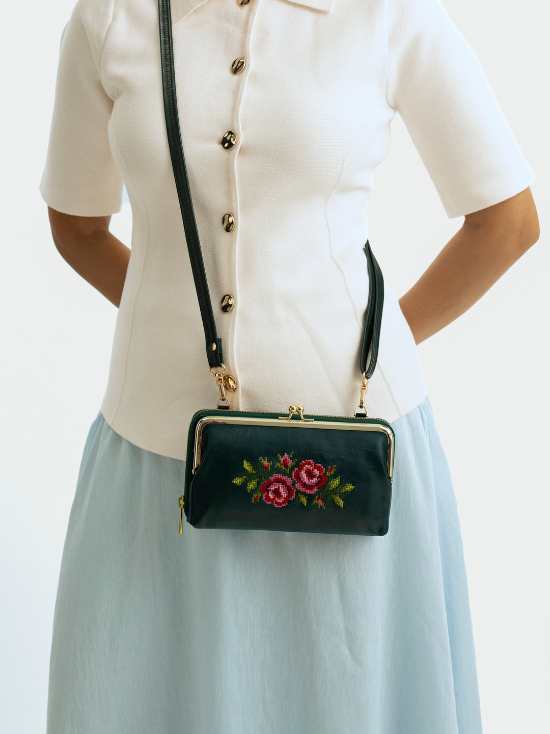 Coonoor Dream Cross Stitched Mobile Wallet Sling - Green