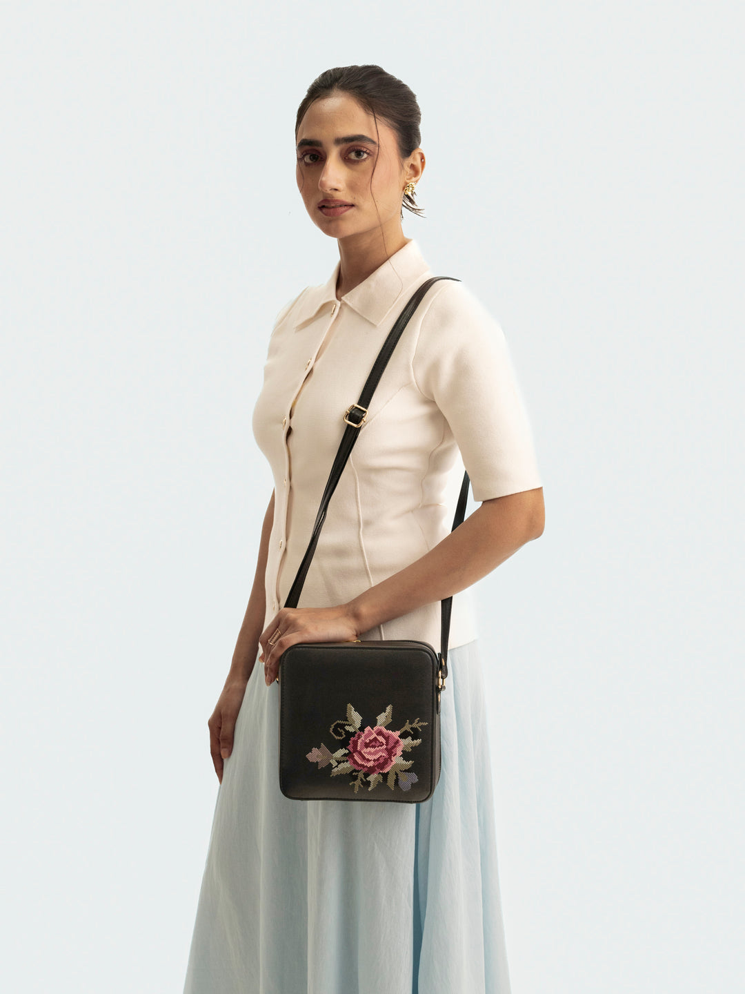 Mountain Bride Cross Stitched Square Sling - Black
