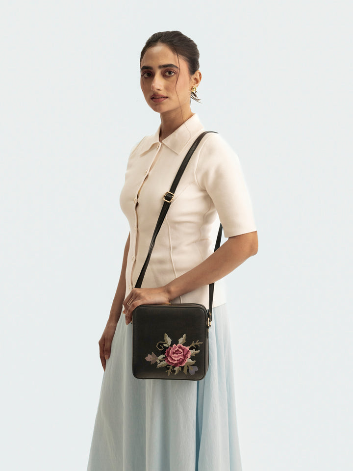 Mountain Bride Cross Stitched Square Sling - Black