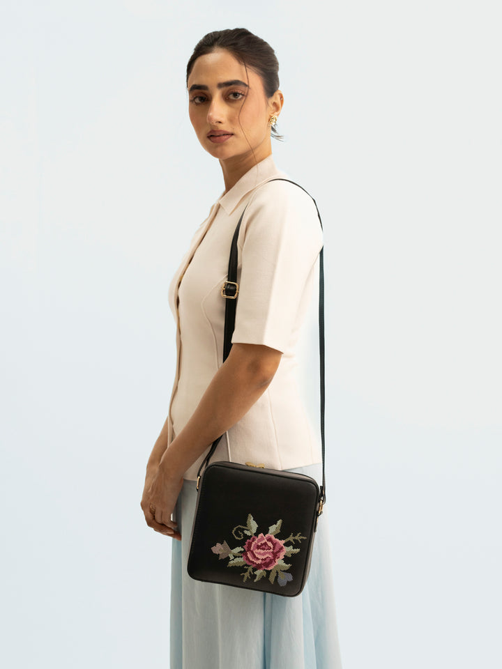 Mountain Bride Cross Stitched Square Sling - Black