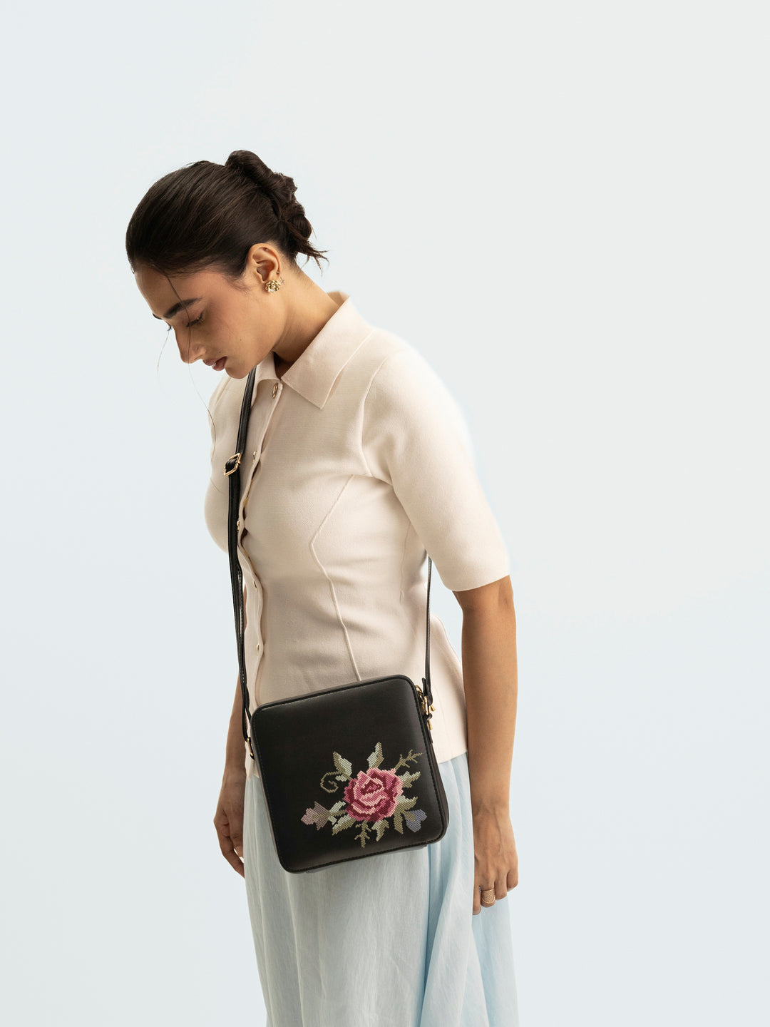 Mountain Bride Cross Stitched Square Sling - Black