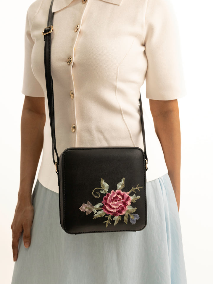 Mountain Bride Cross Stitched Square Sling - Black