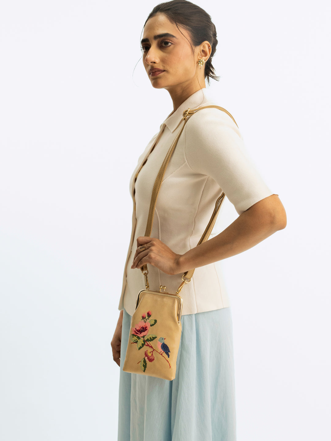 Morning Melody Cross Stitched Mobile Sling - Beige