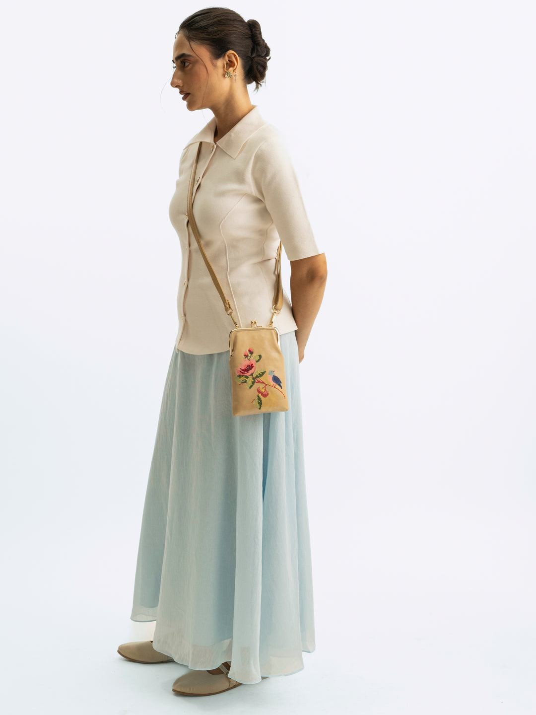 Morning Melody Cross Stitched Mobile Sling - Beige