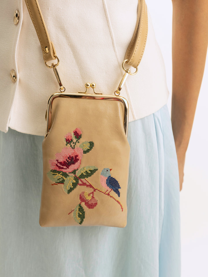 Morning Melody Cross Stitched Mobile Sling - Beige