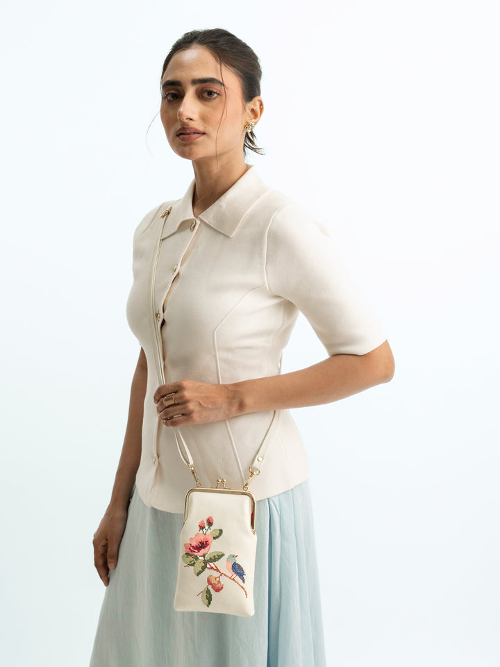 Morning Melody Cross Stitched Mobile Sling - White