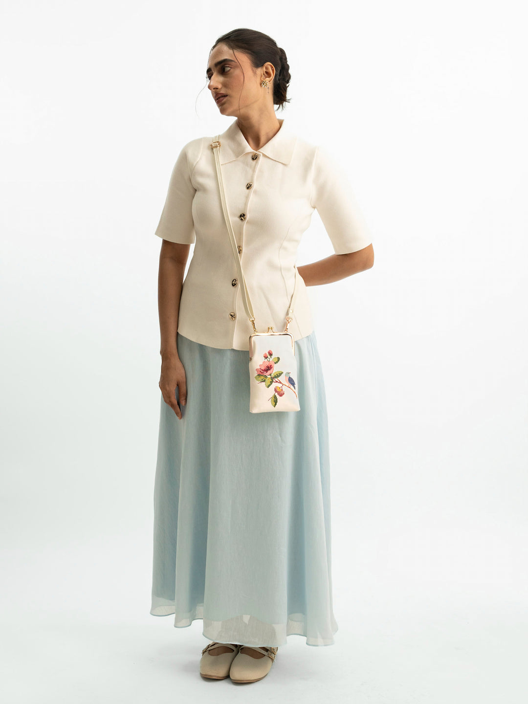 Morning Melody Cross Stitched Mobile Sling - White