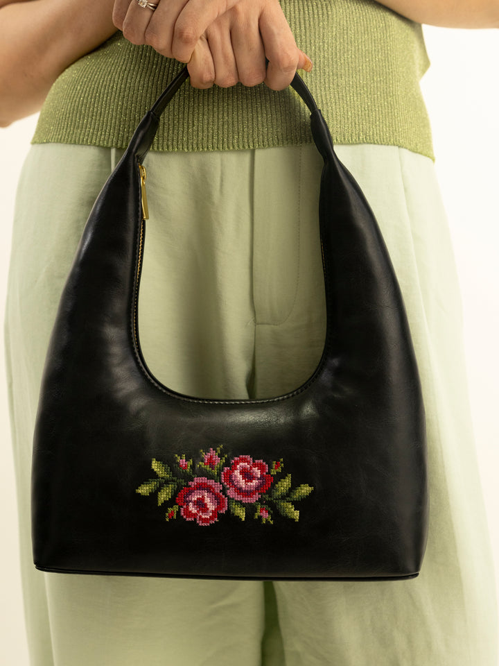Coonoor Dream Cross Stitched Shoulder Bag - Black