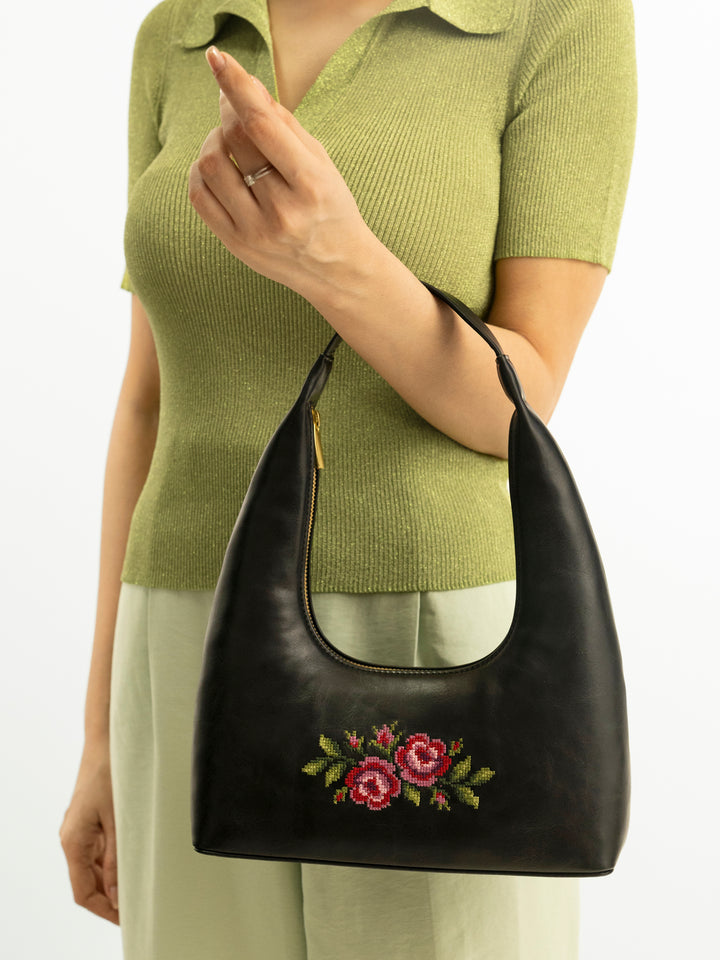 Coonoor Dream Cross Stitched Shoulder Bag - Black