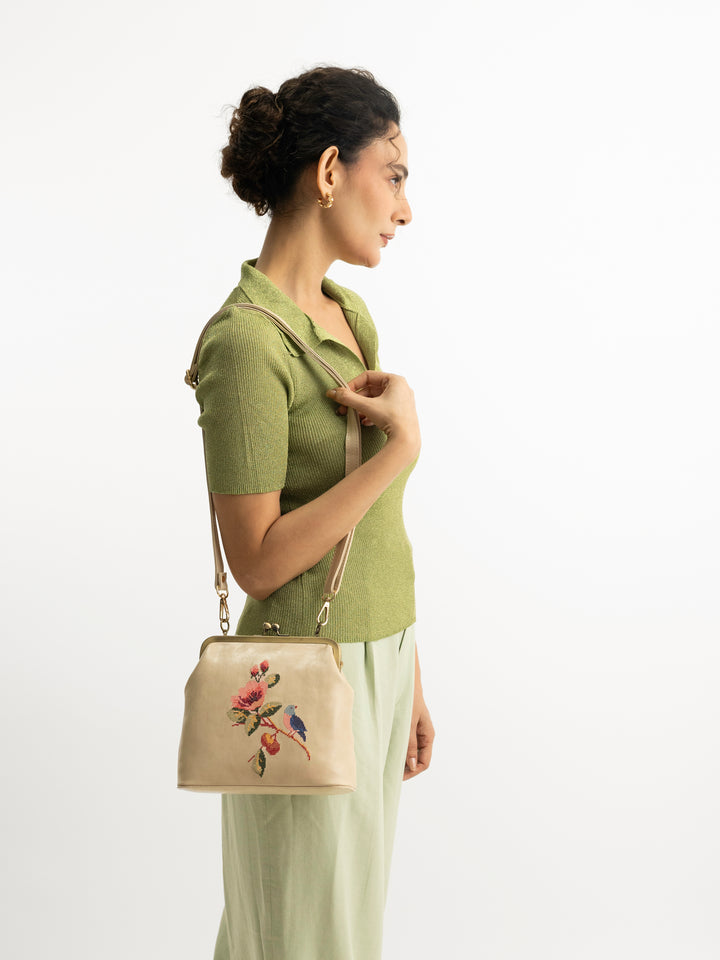 Morning Melody Cross Stitched Kisslock Clutch - Off White