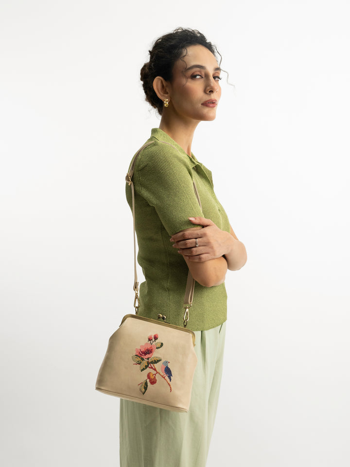 Morning Melody Cross Stitched Kisslock Clutch - Off White
