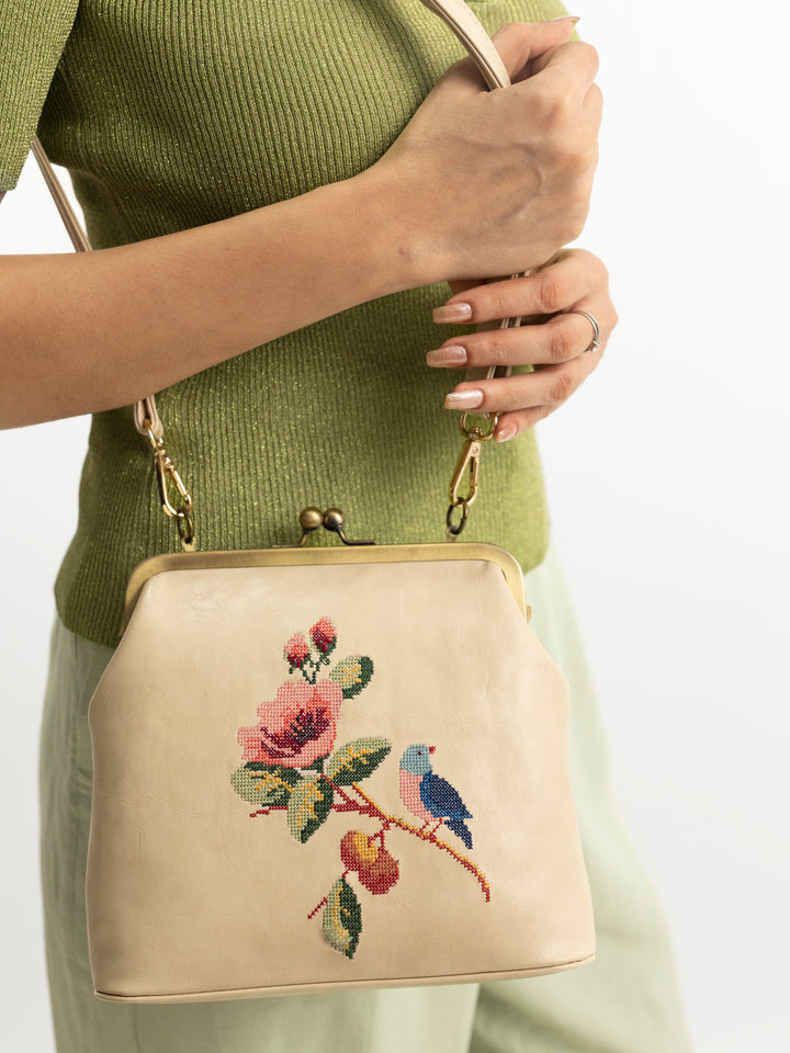 Morning Melody Cross Stitched Kisslock Clutch - Off White