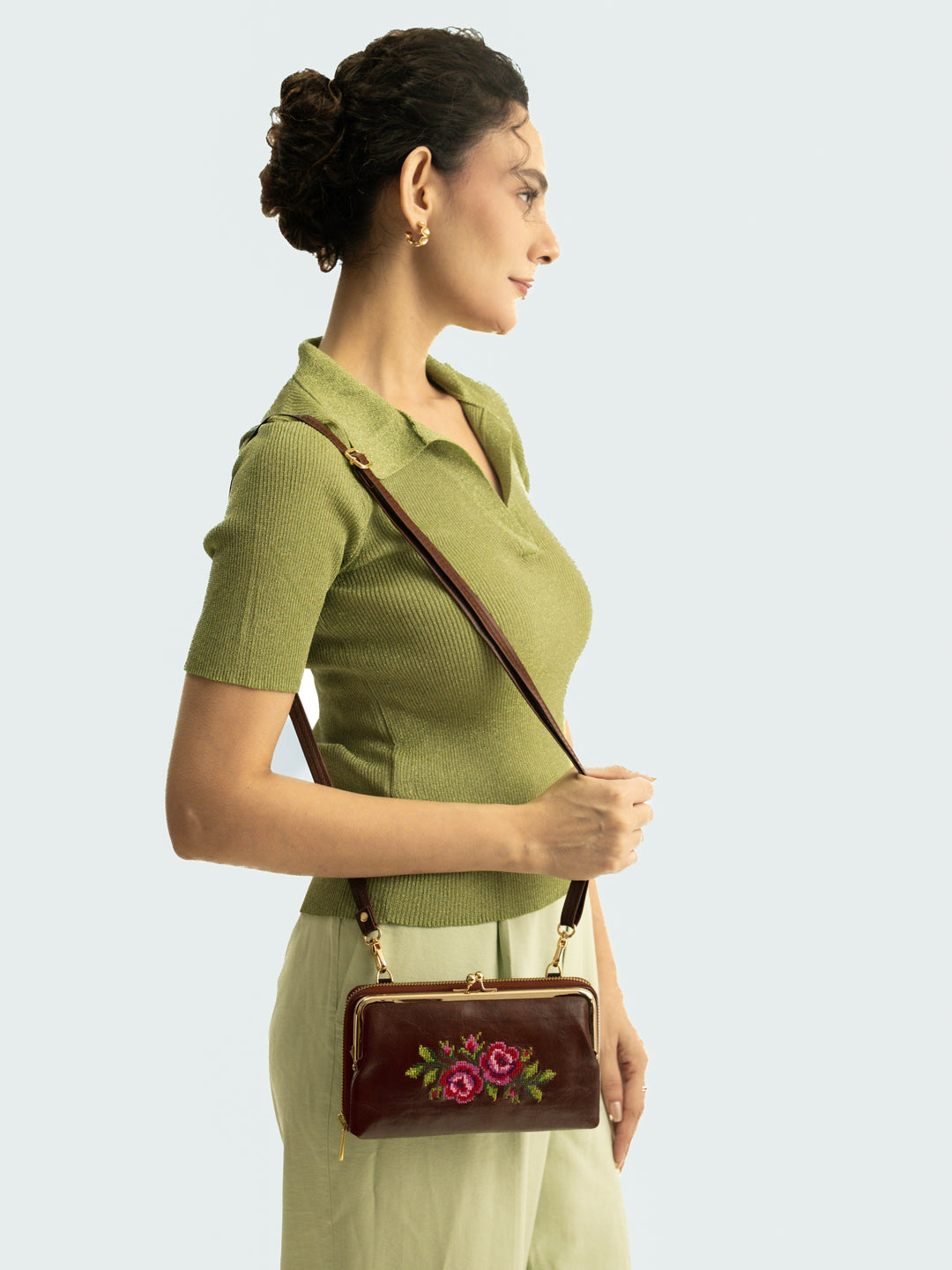 Coonoor Dream Cross Stitched Mobile Wallet Sling - Brown