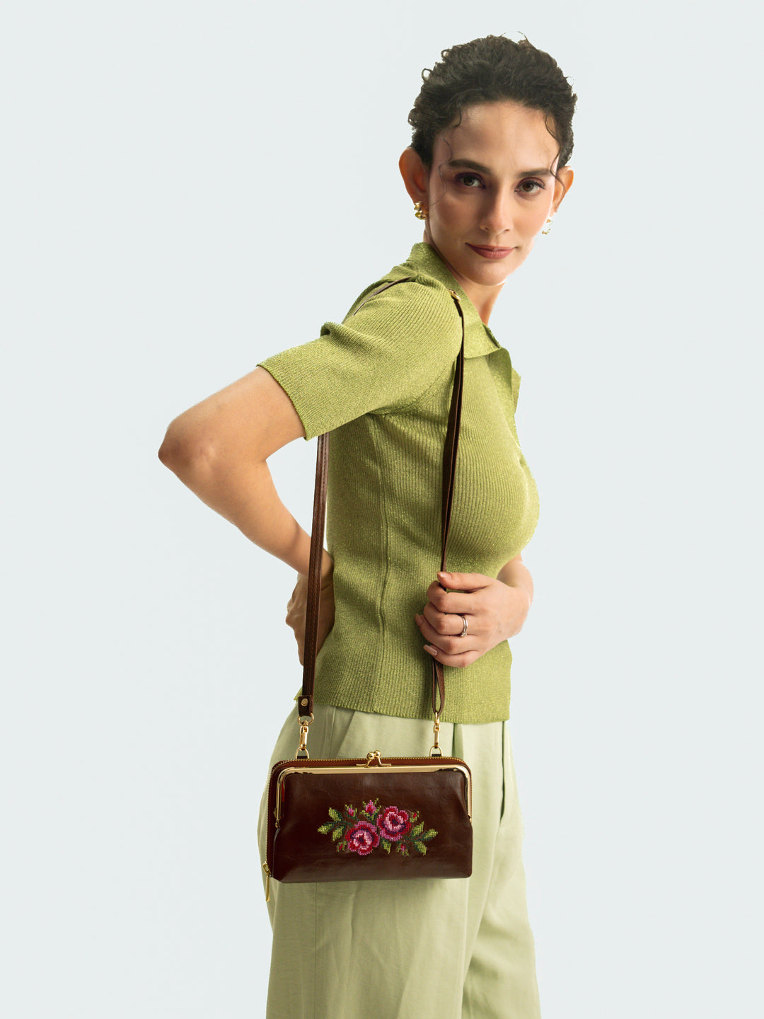 Coonoor Dream Cross Stitched Mobile Wallet Sling - Brown