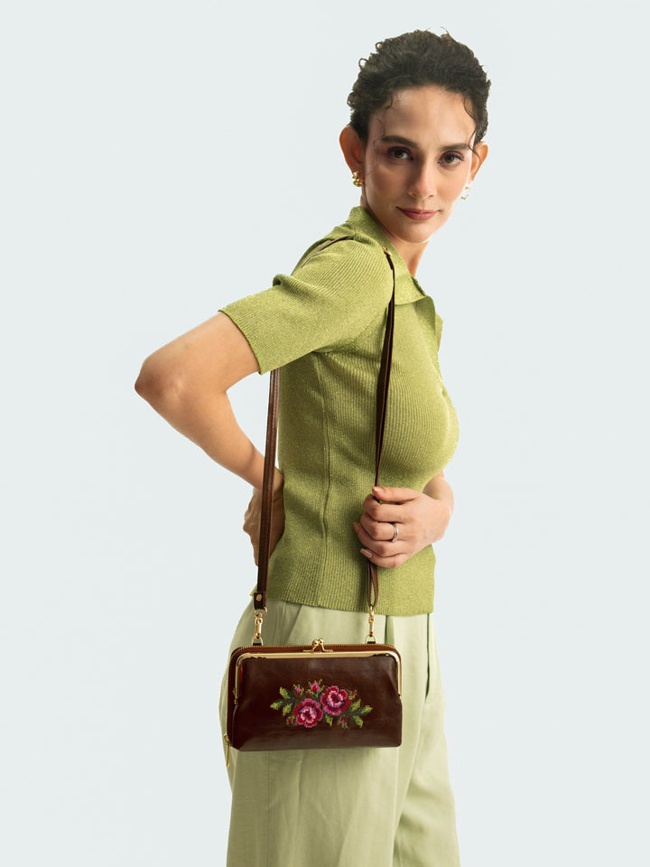 Coonoor Dream Cross Stitched Mobile Wallet Sling - Brown