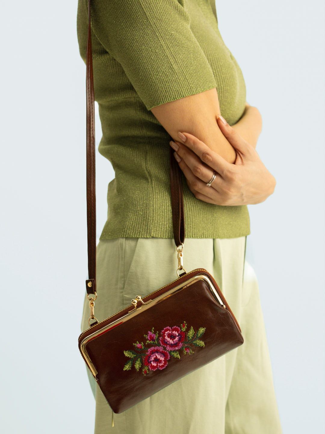 Coonoor Dream Cross Stitched Mobile Wallet Sling - Brown