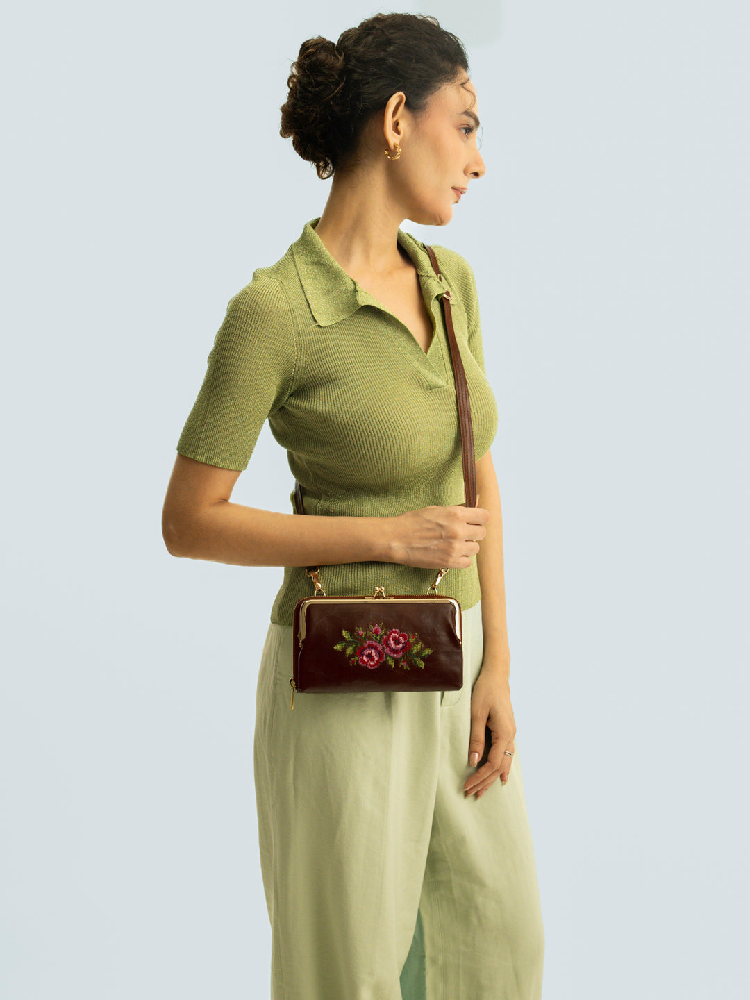 Coonoor Dream Cross Stitched Mobile Wallet Sling - Brown