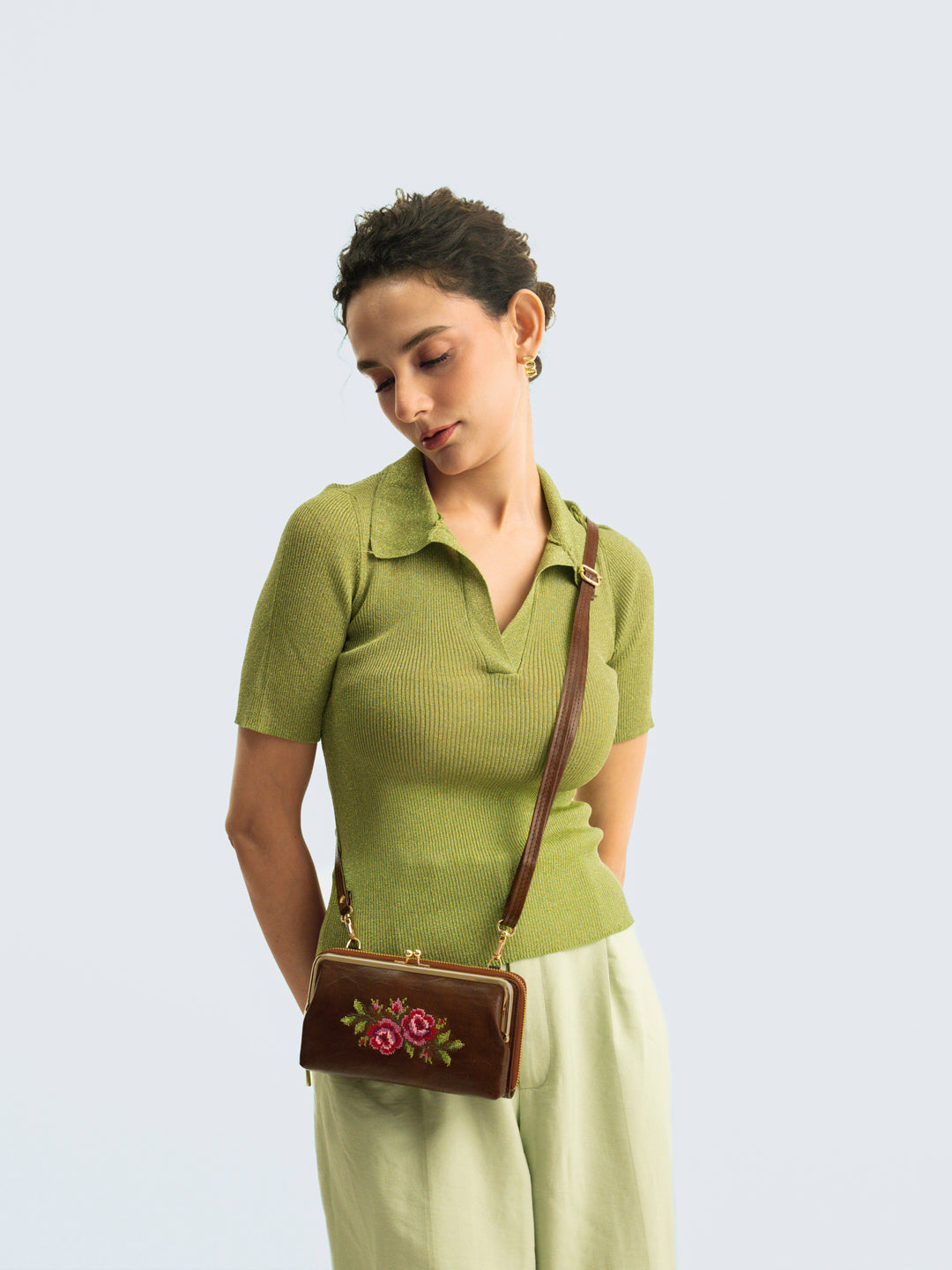 Coonoor Dream Cross Stitched Mobile Wallet Sling - Brown