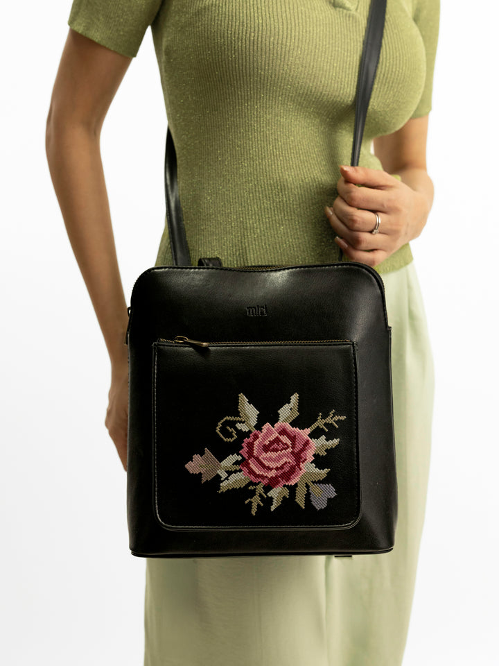 Mountain Bride Cross Stitched Backpack - Black