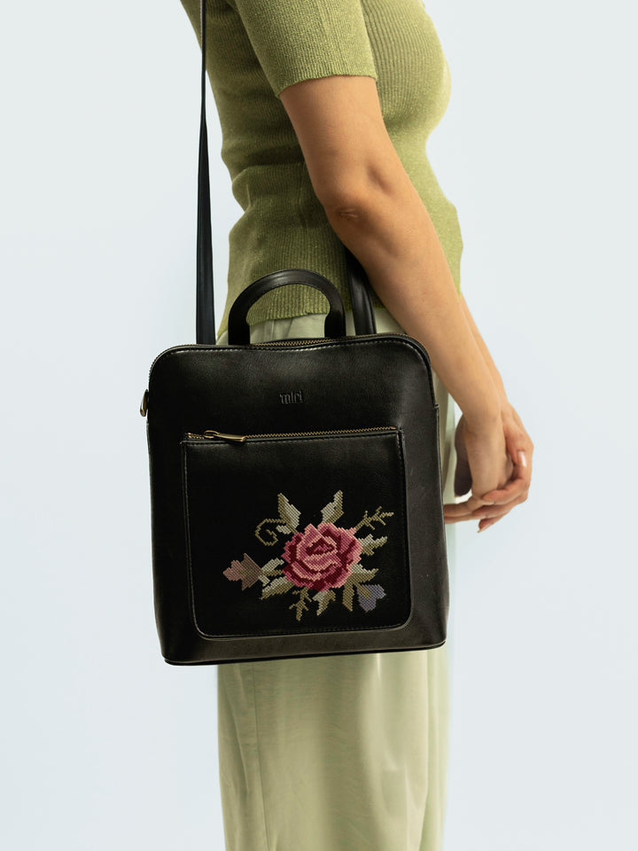 Mountain Bride Cross Stitched Backpack - Black