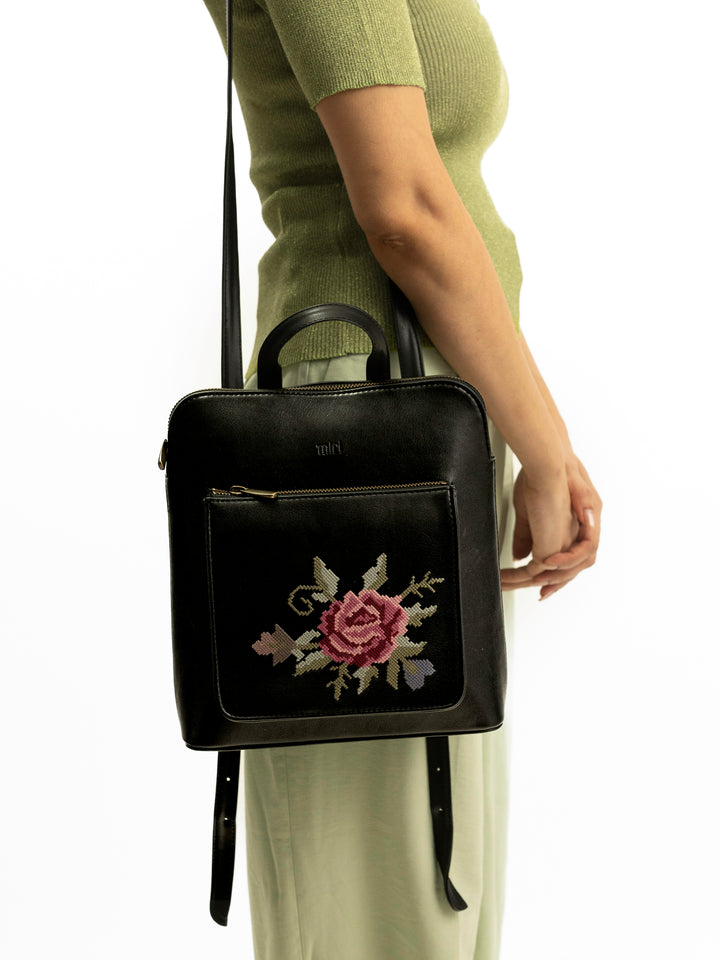 Mountain Bride Cross Stitched Backpack - Black