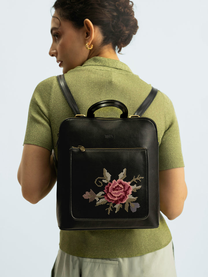 Mountain Bride Cross Stitched Backpack - Black