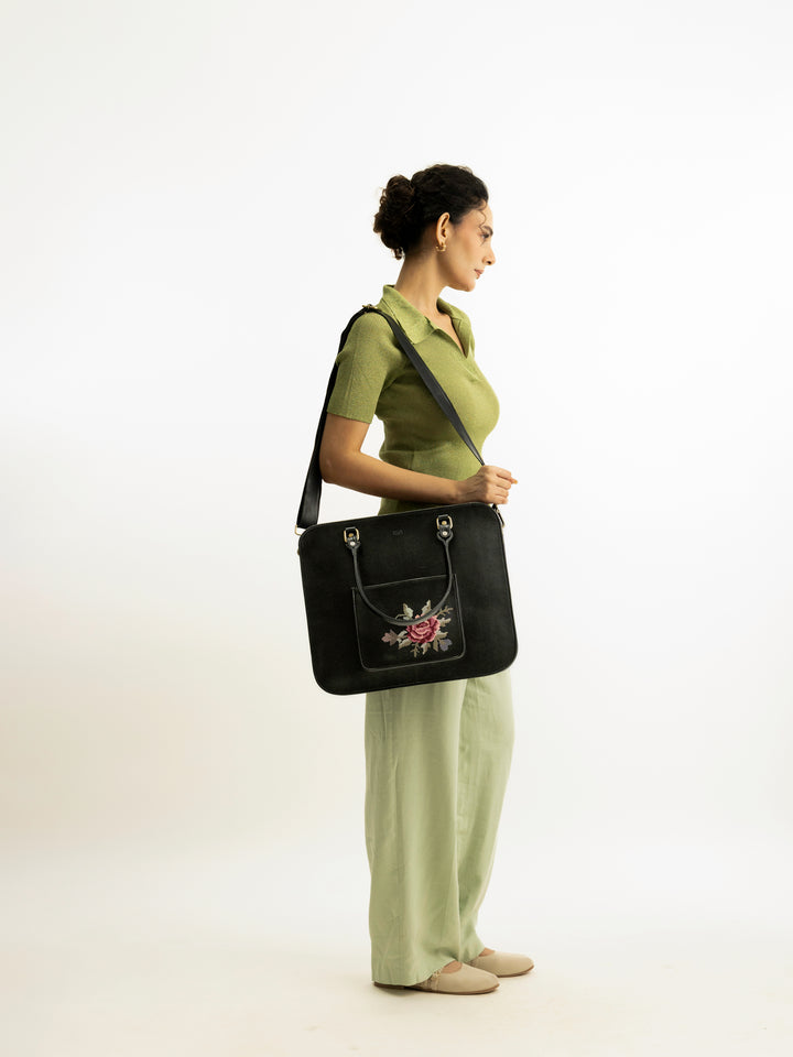 Mountain Bride Cross Stitched Laptop Bag - Black