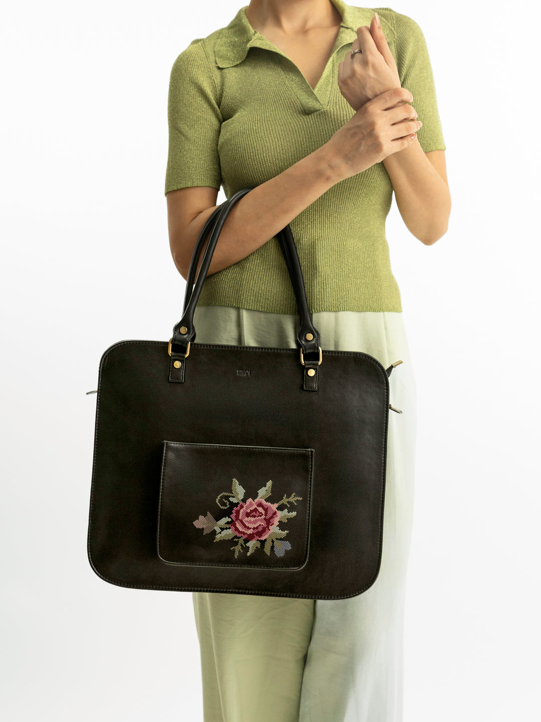 Mountain Bride Cross Stitched Laptop Bag - Black