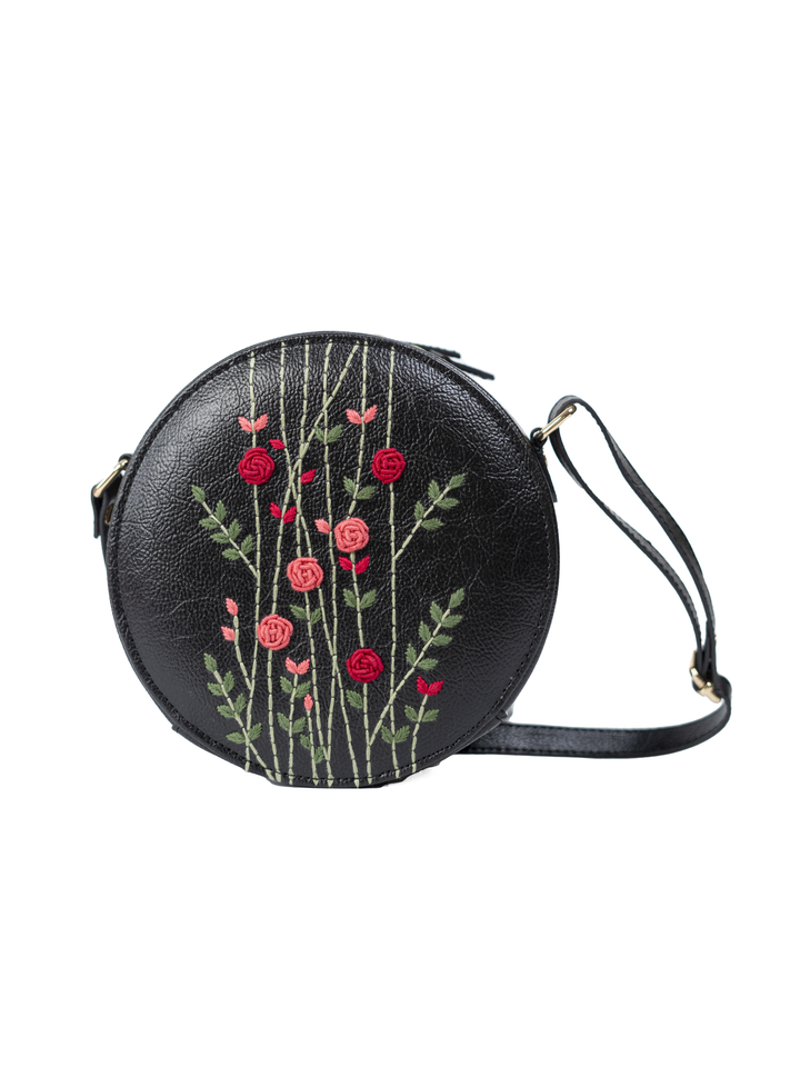 Hand Embroidered Red Rosebuds Round Sling Bag