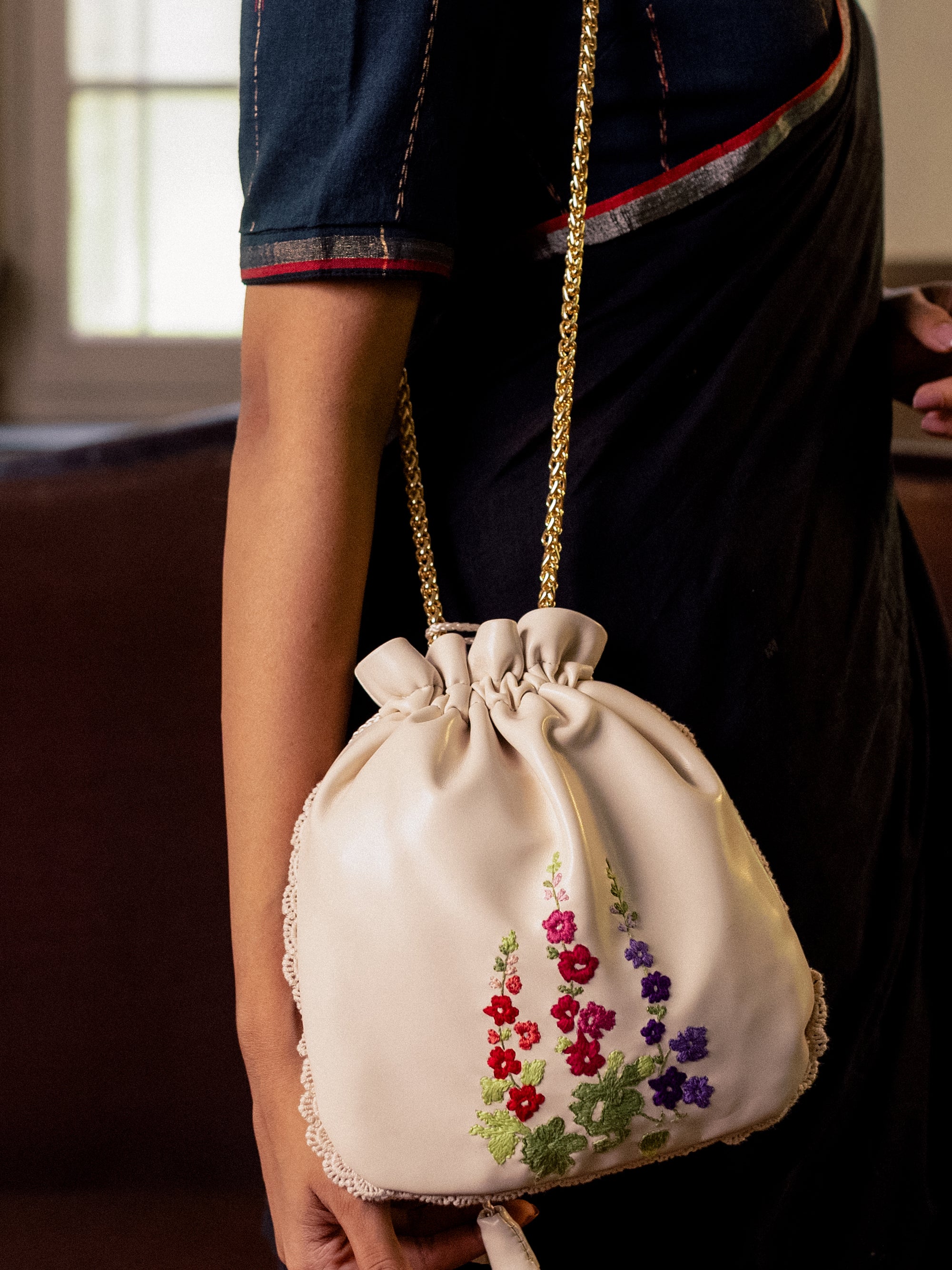 White Hand Embroidered Wildflowers Potli Bag Miri