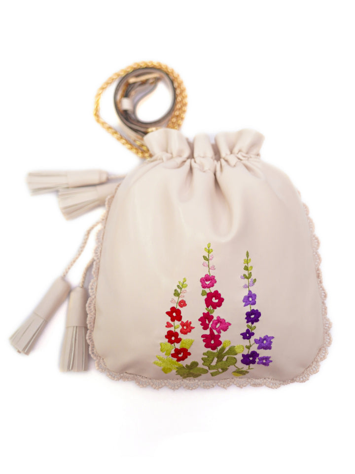 White Hand Embroidered Wildflowers Potli Bag