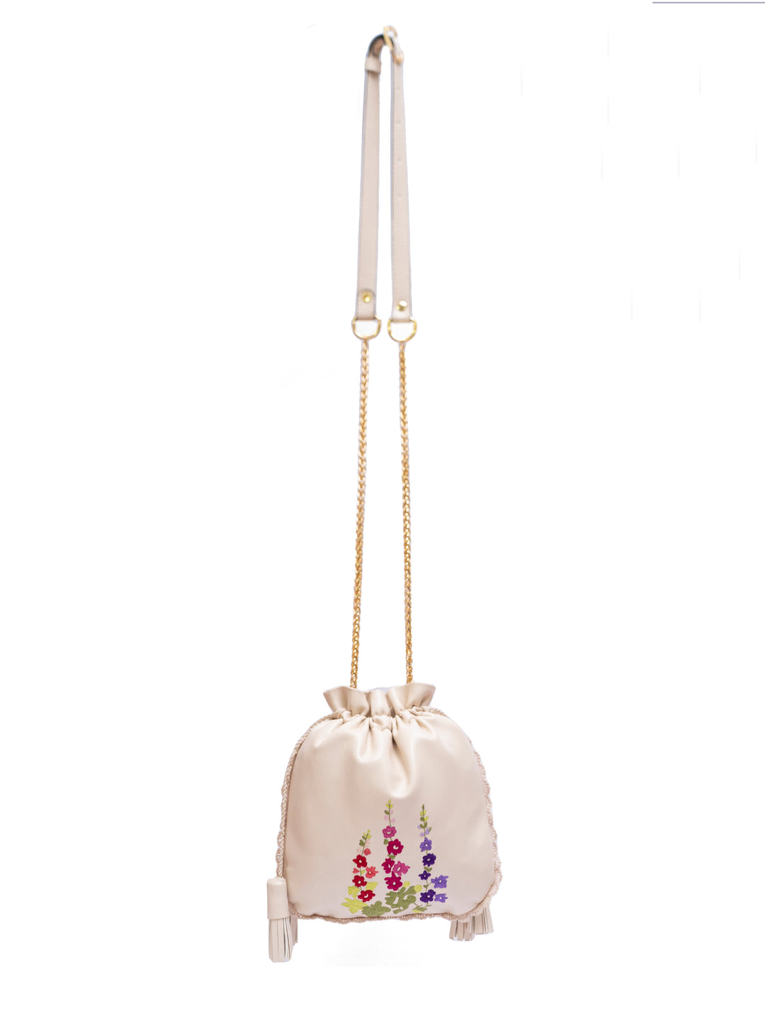 White Hand Embroidered Wildflowers Potli Bag