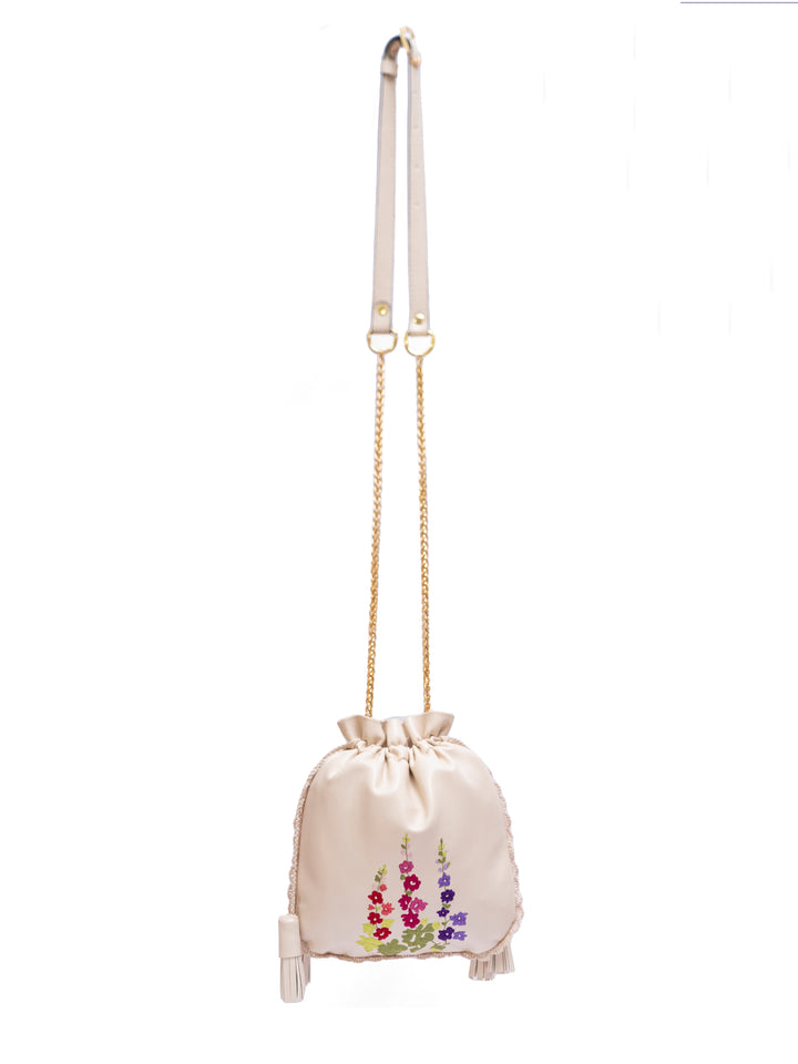 White Hand Embroidered Wildflowers Potli Bag