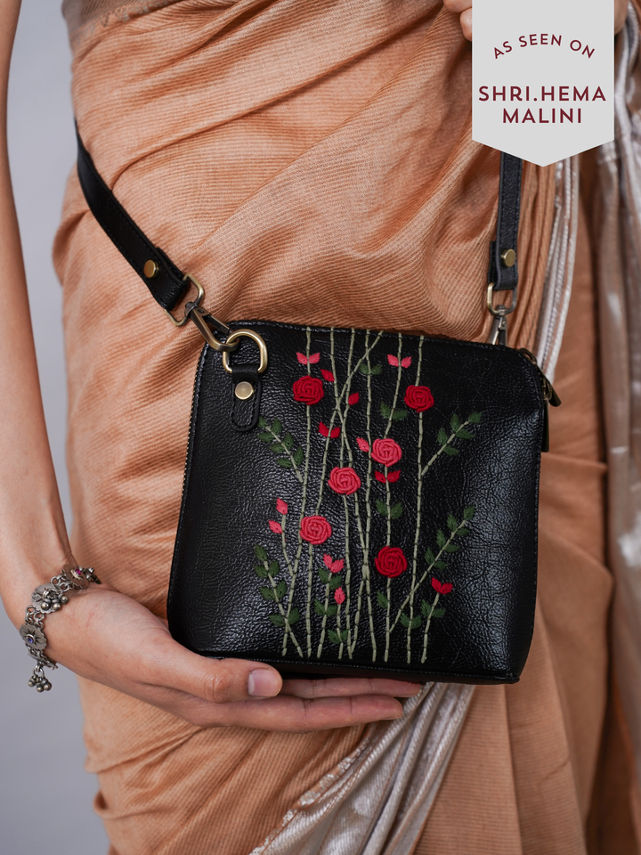 Hand Embroidered Red Rosebuds Venice Sling Bag