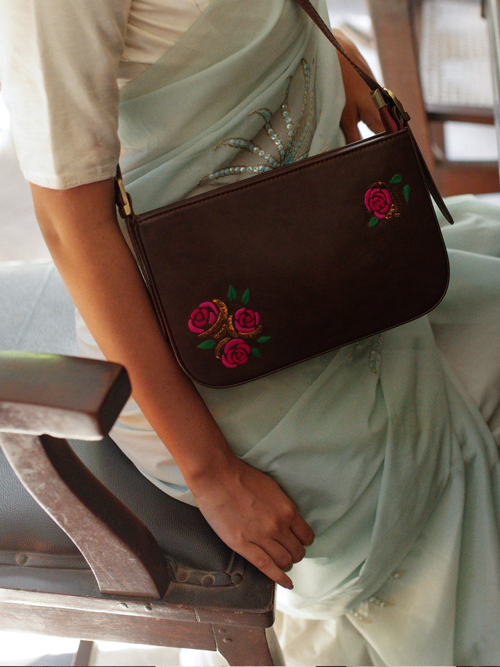 Hand Embroidered Roses Baguette Bag