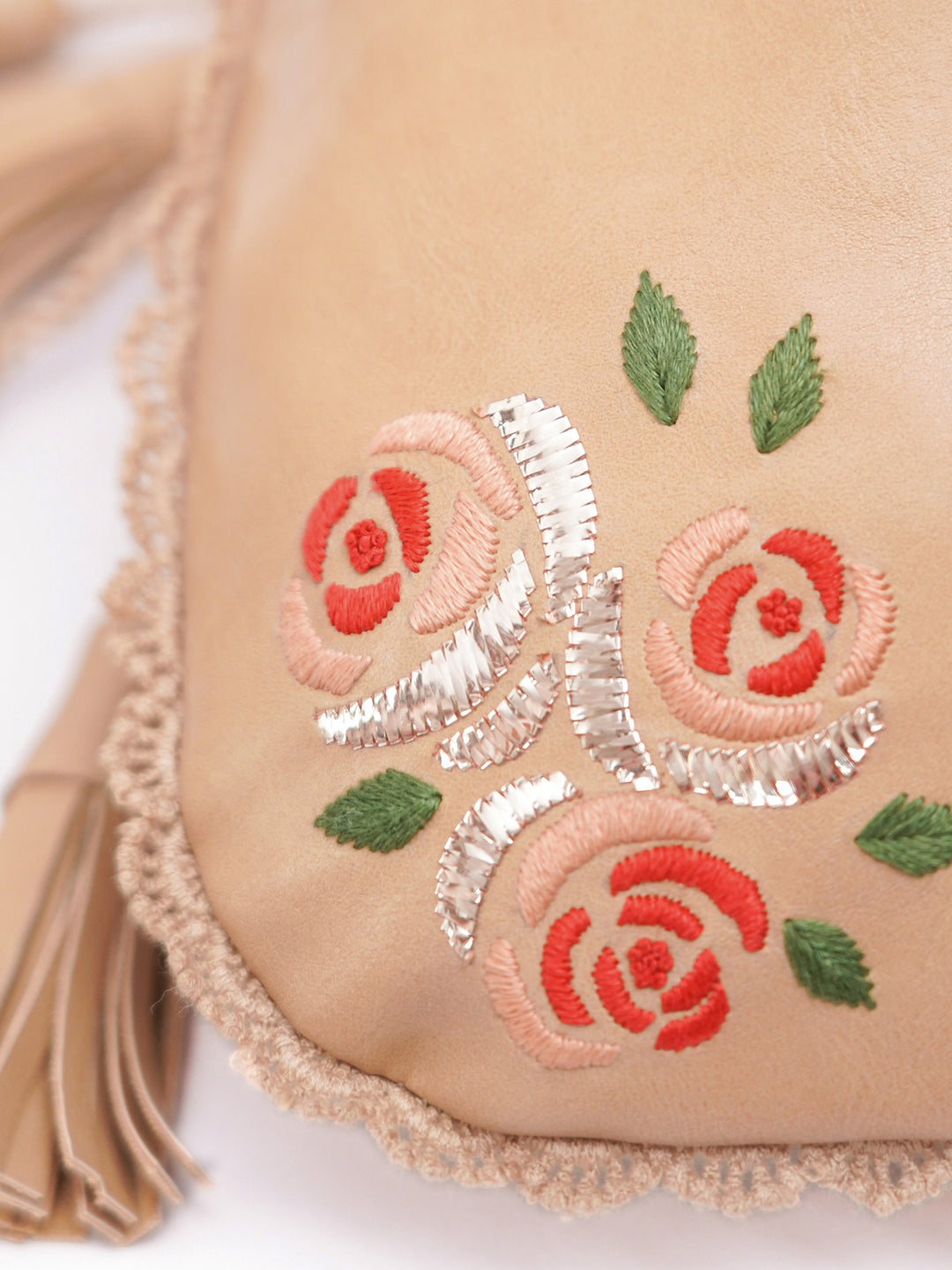 Beige Hand Embroidered Roses Potli Bag