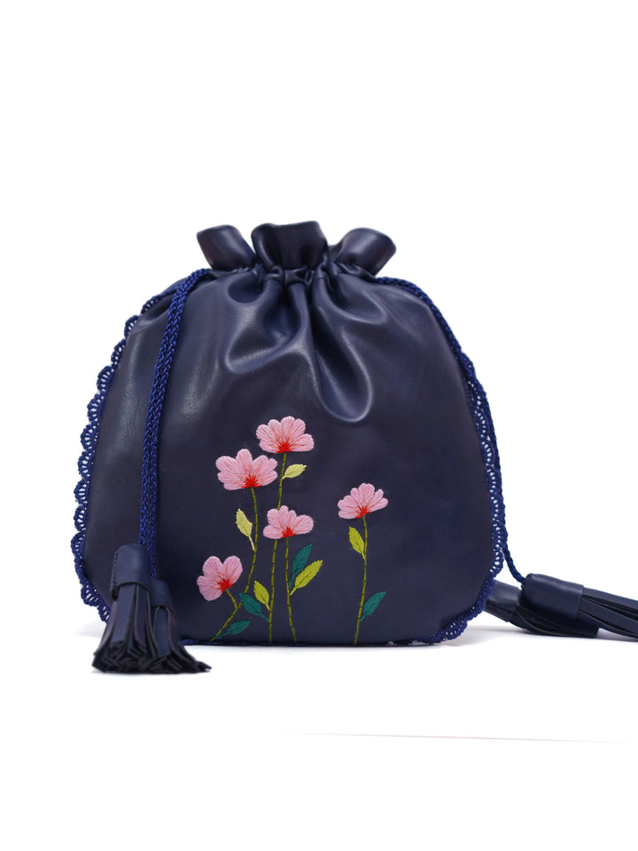 Blue Hand Embroidered Peach Poppies Potli Bag