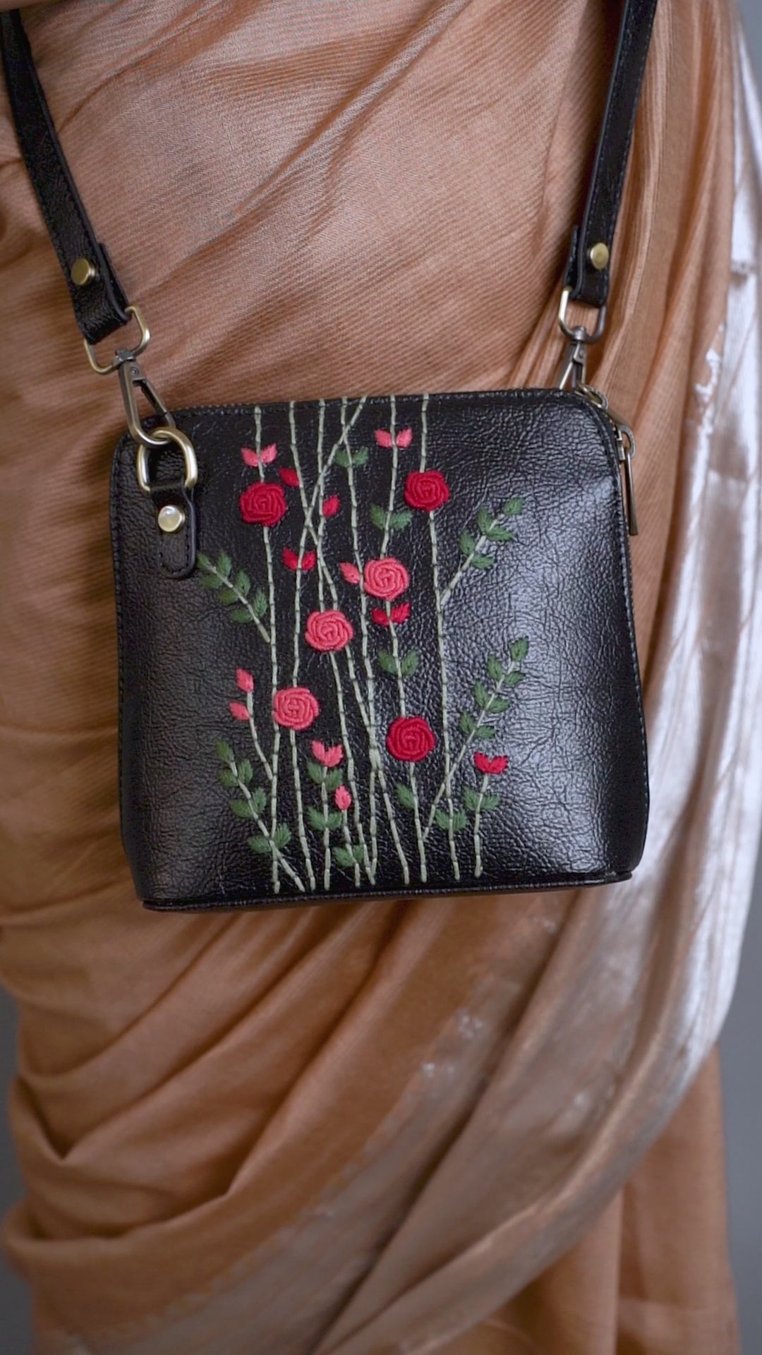 Hand Embroidered Red Rosebuds Venice Sling Bag