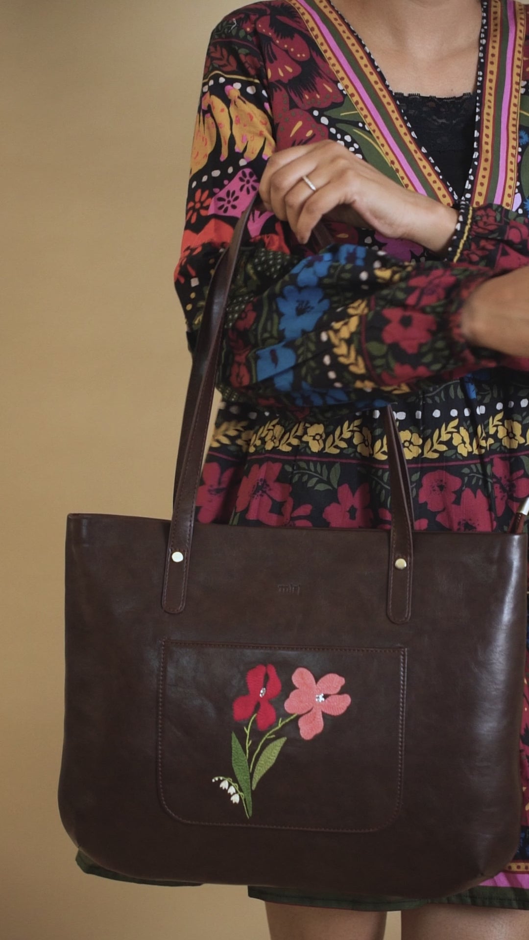 Hand Embroidered Brown Iris Tote Bag