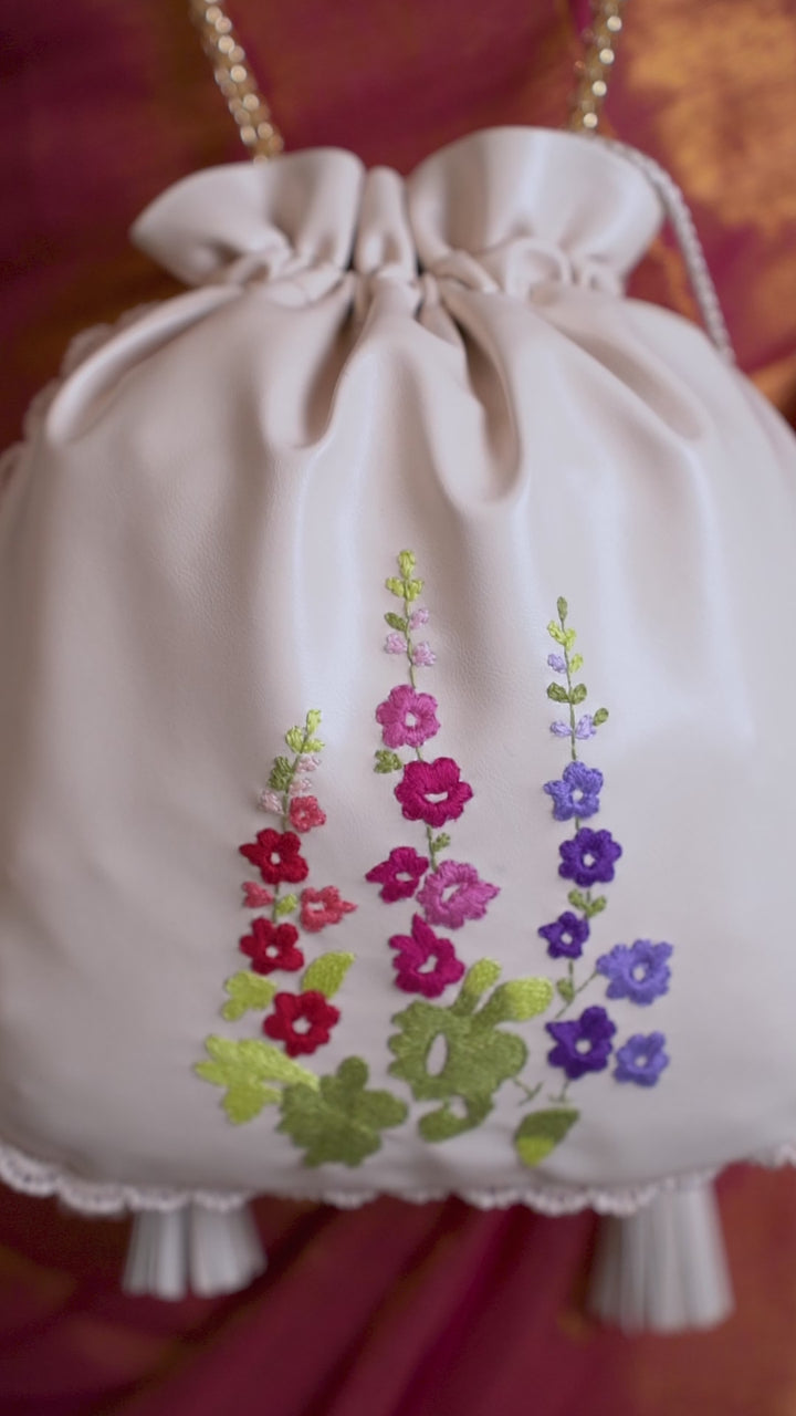 White Hand Embroidered Wildflowers Potli Bag