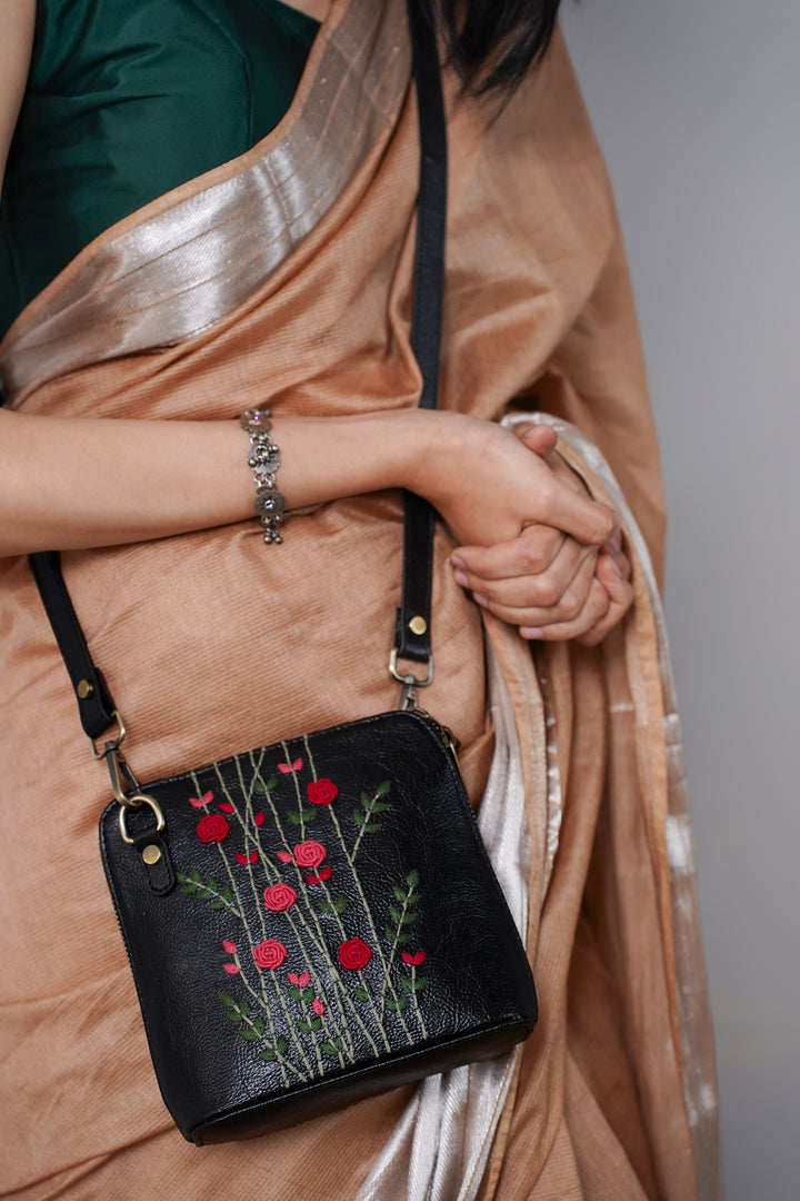 Hand Embroidered Red Rosebuds Venice Sling Bag